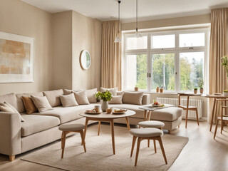 Beige home living room interior with eating table and relax zone, window