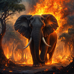A majestic elephant standing amidst a fiery landscape, with flames engulfing the background and trees scattered around.