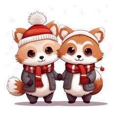 Obraz premium Two cute little foxes are holding hands and wearing scarves and hats