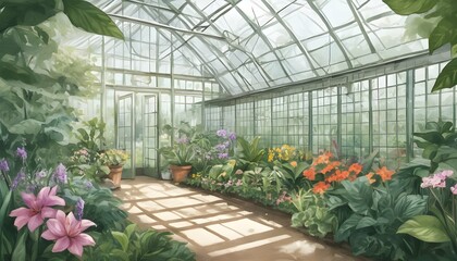 An Illustration Of A Serene Botanical Greenhouse