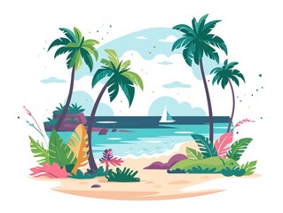 Fototapeta premium A tropical beach scene with palm trees and a boat in the water
