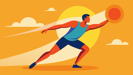 A whirlwind of motion as the athlete spins with determination the discus a blur against the backdrop of the sun.. Vector illustration