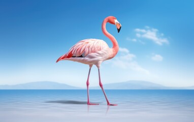 A pink flamingo standing in the shallows of a lake, with a blurred background of blue water and sky.