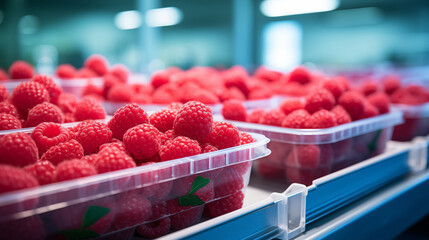 Raspberries in the in the food industry, Product ready to packaging with automatic food production,...