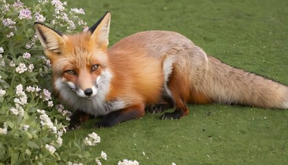A Fox With Its Nose Buried In A Patch Of Flowers