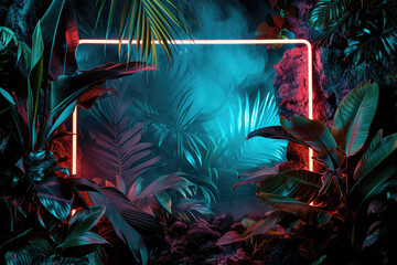 Glowing neon frame in the middle of the jungle at night