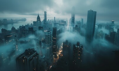 top view of the city with skyscrapers, in cloudy weather in morning