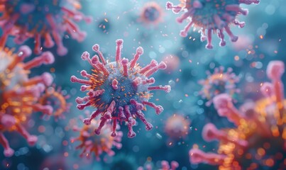 Digital illustration depicting the detailed structure of a coronavirus particle with spike proteins in a microscopic view.