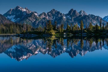 Obraz premium Immerse yourself in the serene beauty of a mountain range reflected in the still waters of a crystal-clear alpine lake, Generative AI