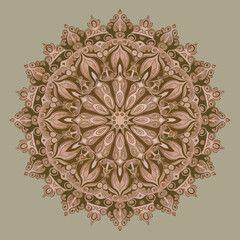 Beautiful Mandala Ornament Design in chocolate and caramel with pale green background