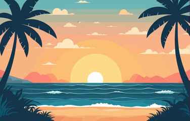 a tropical sunset with palm trees and the ocean