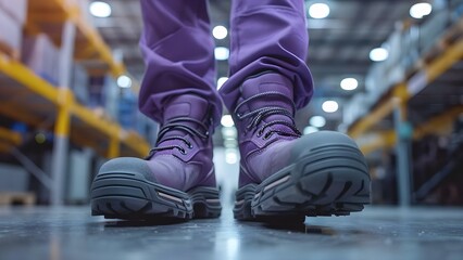 Closeup of workers feet in safety shoes at industrial workplace. Concept Industrial Safety, Worker Footwear, Closeup Photography, Work Environment, Occupational Safety