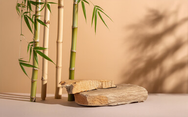 Concrete and Wooden Product Display Podium: A concrete pedestal and bamboo pedestal with a minimalist and natural shadow.