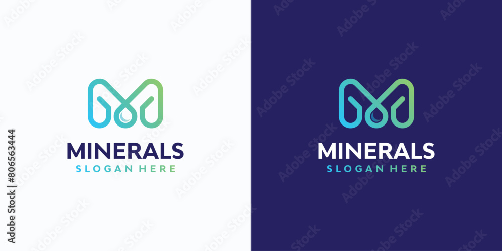 Poster vector logo design with the initials of the letter m and a water drop shape in the middle in a moder