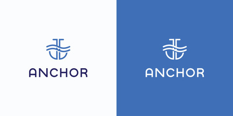 Anchor and water wave shape vector logo design with modern, simple, clean and abstract style.