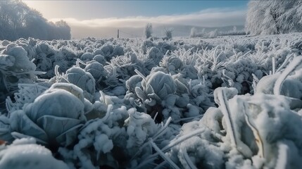 Field with frozen cabbage heads. Spoiled harvest of cole. Frosty weather. Outdoor farm background.