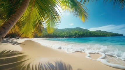 Beautiful sunny beach, tropical island with palm trees, turquoise water and bright blue sky. Summer vacation concept. Sea sandy coast. Outdoor background. Ocean shore.