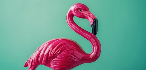 A panoramic view of a glossy, hot pink flamingo figurine, its elegance exaggerated against a...