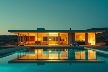 Fototapeta premium Elegant modern poolside villa. Luxury home with swimming pool in modern style.