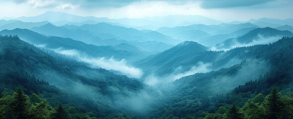 A panoramic view of the Great Smoky Mountains, with mist rising from deep within its valleys and dense forests. Created with Ai