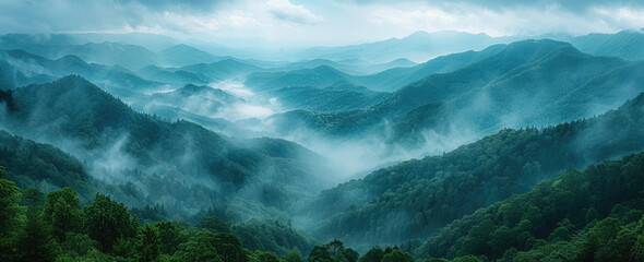  A panoramic view of the Great Smoky Mountains, with layers of green and blue hues representing different paths through dense forests and high mountain peaks. Created with Ai