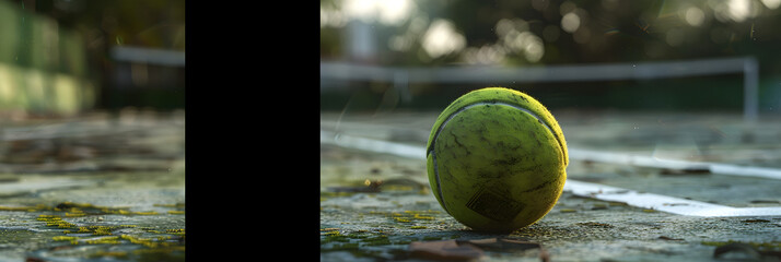 Tennis ball on artificial grass. Outdoor tennis court. Green lawn sports ground. Vibrant green tennis court set for an exciting game.
