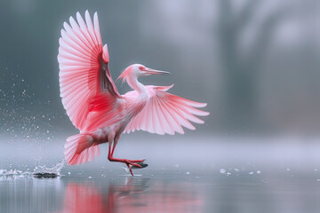 A pink bird is hunting prey for food, wildlife ecosystem conservation