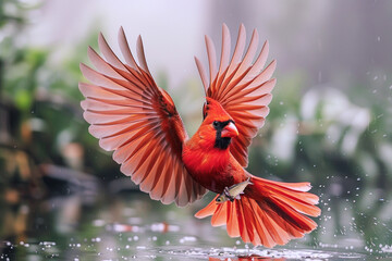 A red bird is hunting prey for food, wildlife ecosystem conservation