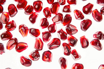 A scattering of fresh pomegranate seeds with a ruby red color