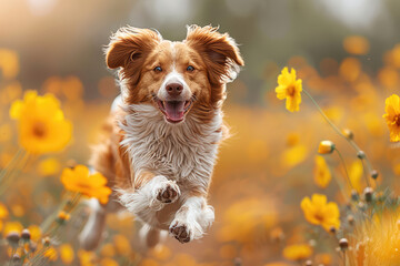 A cute red and white border collie running through yellow flowers, with a happy expression. Created with Ai