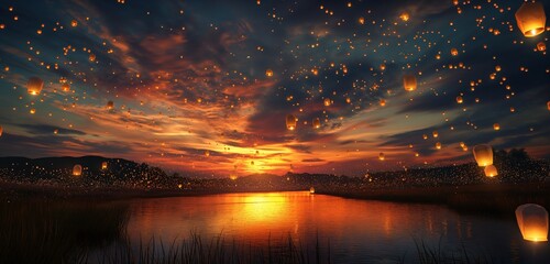 A panoramic view of a serene, twilight sky illuminated by a distant display of lanterns, their warm light floating upwards, creating a peaceful, contemplative celebration scene. 
