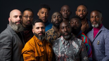 Group of diverse men, each with a story told through their skin, standing confidently in a studio environment