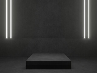 3D black geometric podium with white neon lights