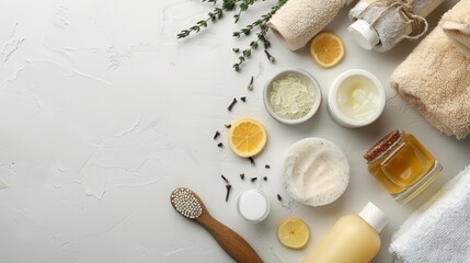 Flat lay of natural skincare and wellness products with green leaves and organic materials on a clean white background.