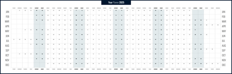 Long panoramic planner 2025. Yearly calendar template, one page, simple with copy space horizontal English