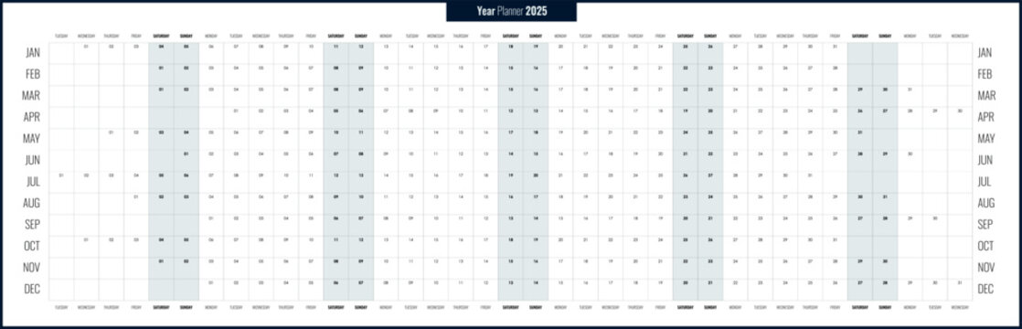 Long panoramic planner 2025. Yearly calendar template, one page, simple with copy space horizontal English