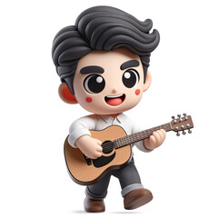 A 3D cute cartoon character of a man playing a guitar