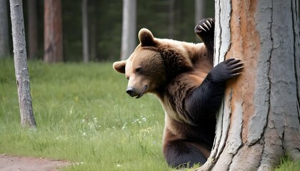 a-bear-scratching-its-back-against-a-tree-trunk-