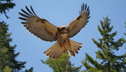 A Hawk Soaring High Above The Treetops Searching