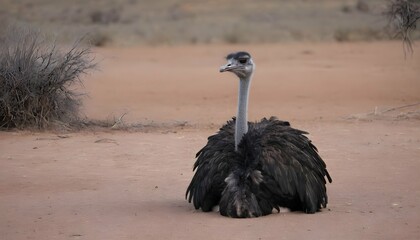 An Ostrich With Its Wings Tucked In Resting After
