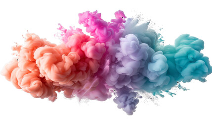 Fototapeta premium Picture of smoke, explosion, dispersion, multi-colored rainbow, clouds, scattered against a white background.