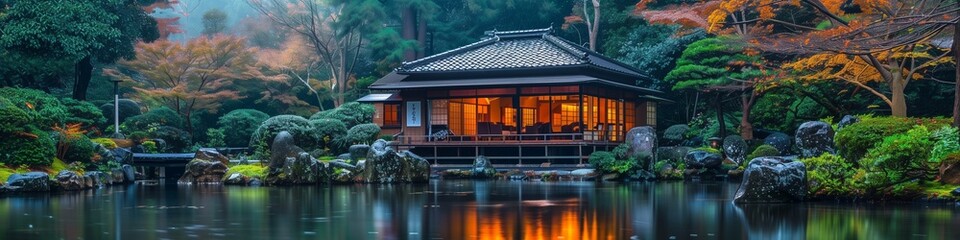 Obraz premium Pictures of wooden houses on the lake reflecting reflections in nature and architecture.
