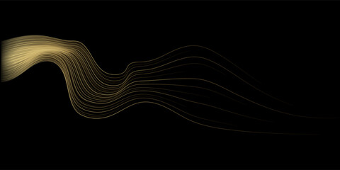 Abstract vector wavy lines flowing smooth curve gold gradient color on black background in concept of luxury, technology, science, music, modern.
