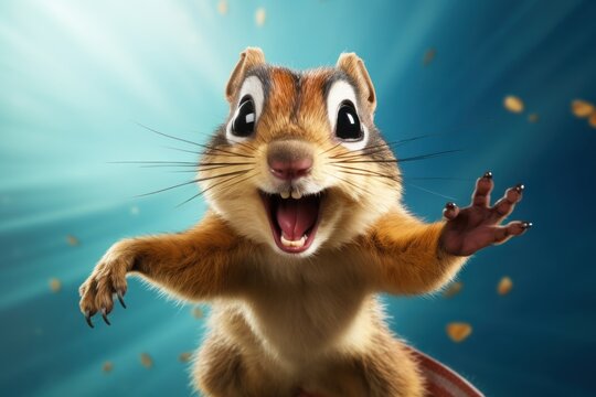 Happy chipmunk jumping and having fun.