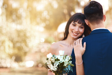 Sunset, wedding and portrait of couple with love, marriage or diamond ring on hand of bride in mockup. Loyalty, commitment and support of groom in embrace or hug outdoor at event for engagement