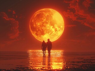 Couple walking on the beach under the red moon.
