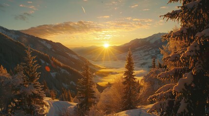 Beautiful winter landscape with snow covered fir trees and sunset in the mountains