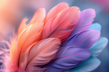 A closeup of soft, pastelcolored feathers arranged in an artistic pattern on the left side of the frame. Created with Ai