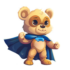 Cartoon teddy bear superhero with blue cape
