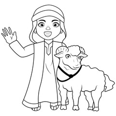 Cartoon muslim boy holding a goat line art